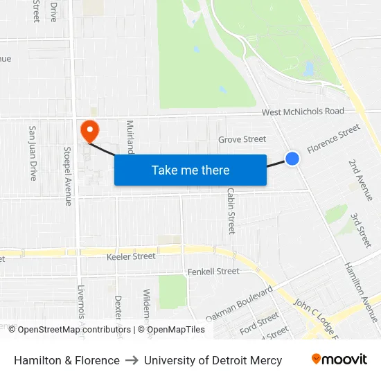 Hamilton & Florence to University of Detroit Mercy map