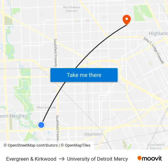 Evergreen & Kirkwood to University of Detroit Mercy map
