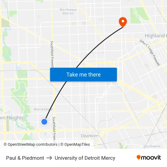 Paul & Piedmont to University of Detroit Mercy map