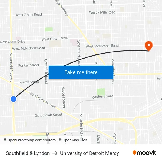 Southfield & Lyndon to University of Detroit Mercy map
