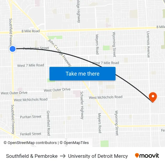 Southfield & Pembroke to University of Detroit Mercy map