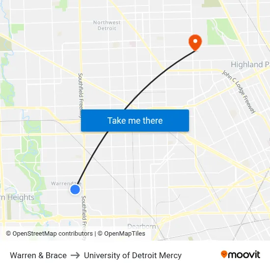 Warren & Brace to University of Detroit Mercy map