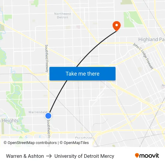 Warren & Ashton to University of Detroit Mercy map