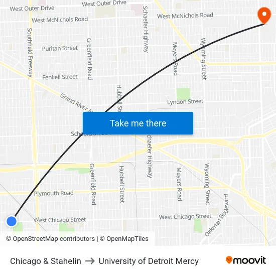 Chicago & Stahelin to University of Detroit Mercy map