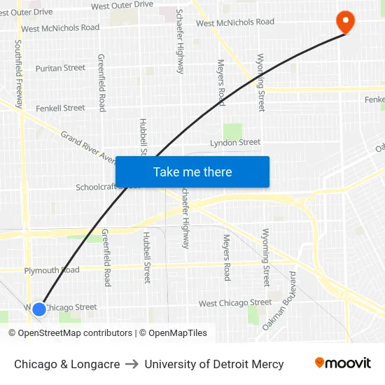 Chicago & Longacre to University of Detroit Mercy map
