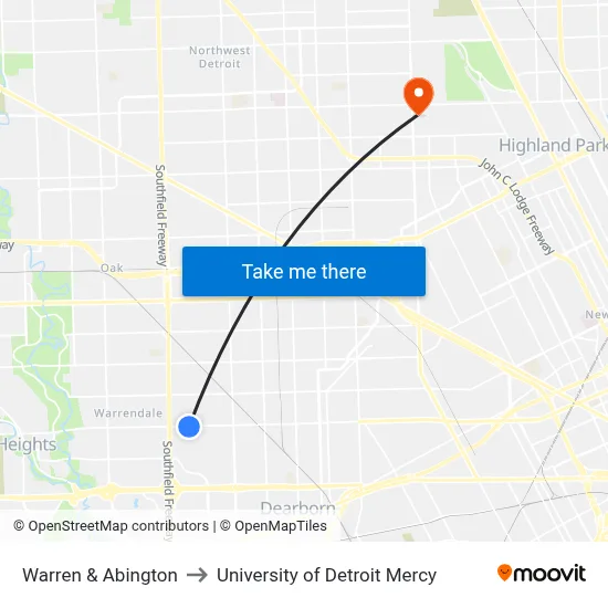 Warren & Abington to University of Detroit Mercy map