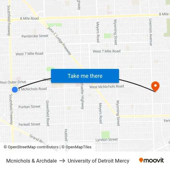 Mcnichols & Archdale to University of Detroit Mercy map