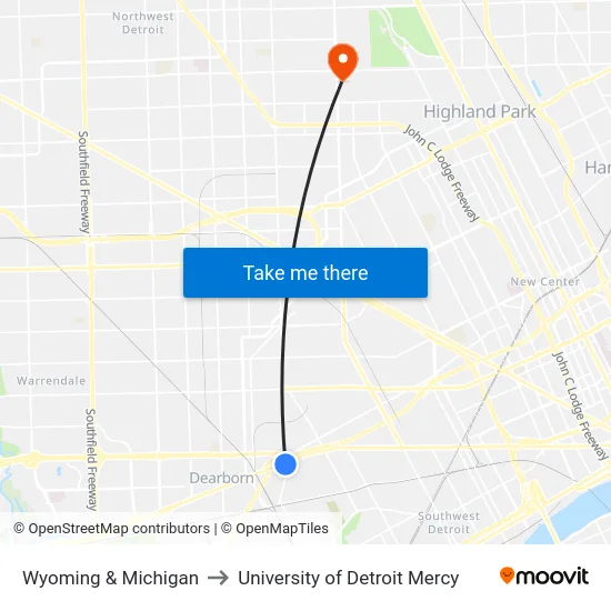 Wyoming & Michigan to University of Detroit Mercy map