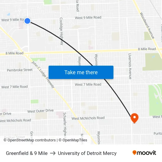 Greenfield & 9 Mile to University of Detroit Mercy map