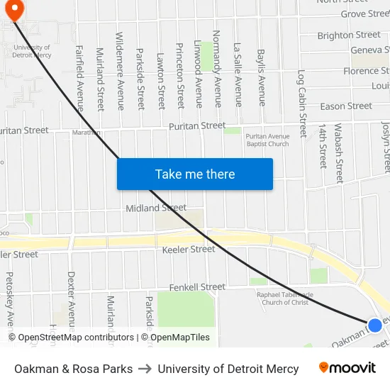 Oakman & Rosa Parks to University of Detroit Mercy map