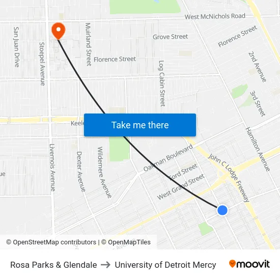 Rosa Parks & Glendale to University of Detroit Mercy map