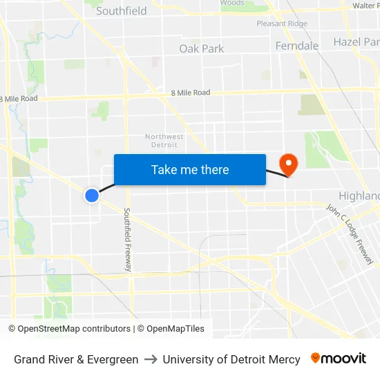 Grand River & Evergreen to University of Detroit Mercy map