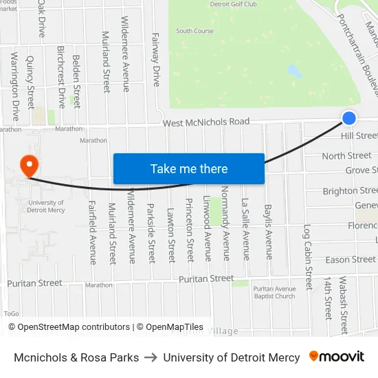 Mcnichols & Rosa Parks to University of Detroit Mercy map