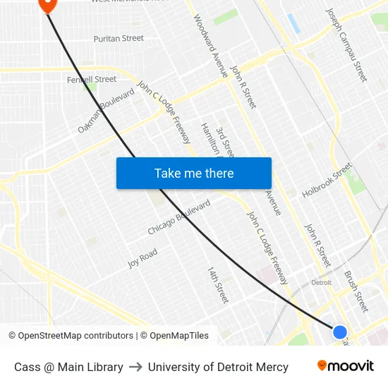 Cass @ Main Library to University of Detroit Mercy map