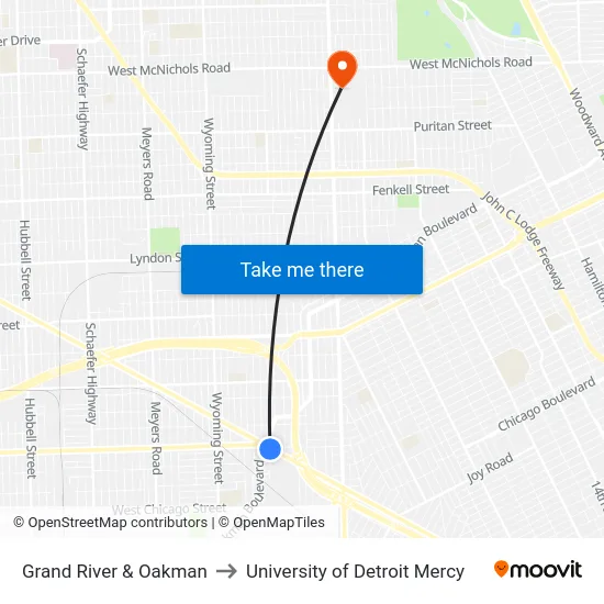 Grand River & Oakman to University of Detroit Mercy map
