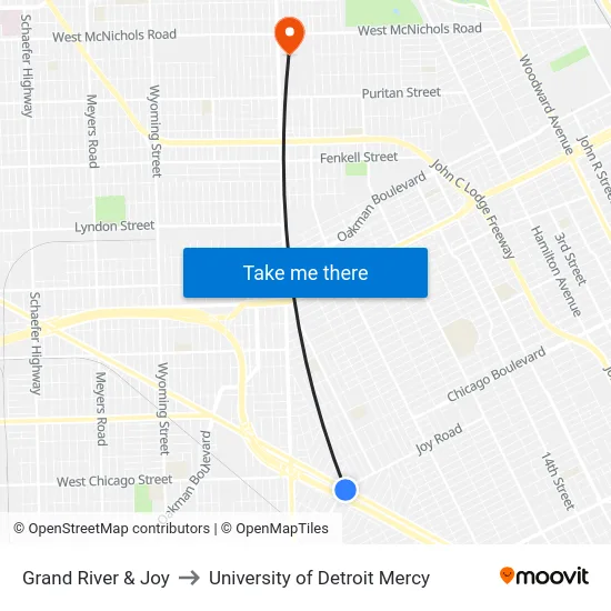 Grand River & Joy to University of Detroit Mercy map