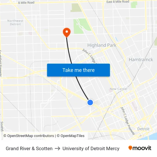 Grand River & Scotten to University of Detroit Mercy map