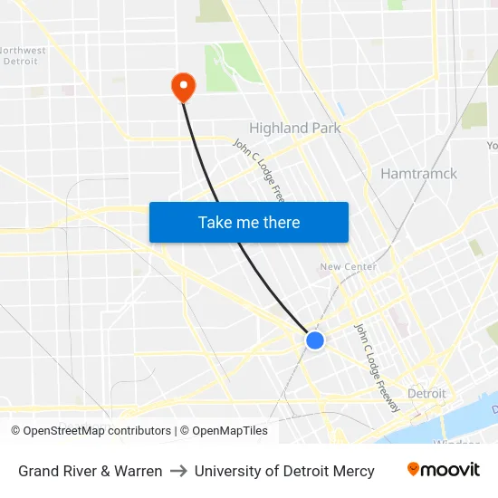 Grand River & Warren to University of Detroit Mercy map
