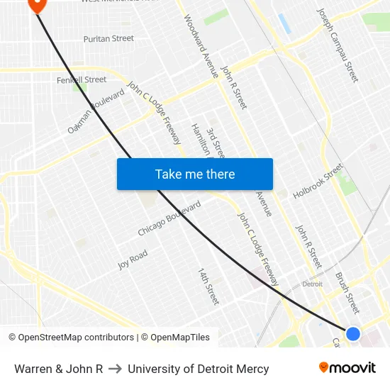 Warren & John R to University of Detroit Mercy map