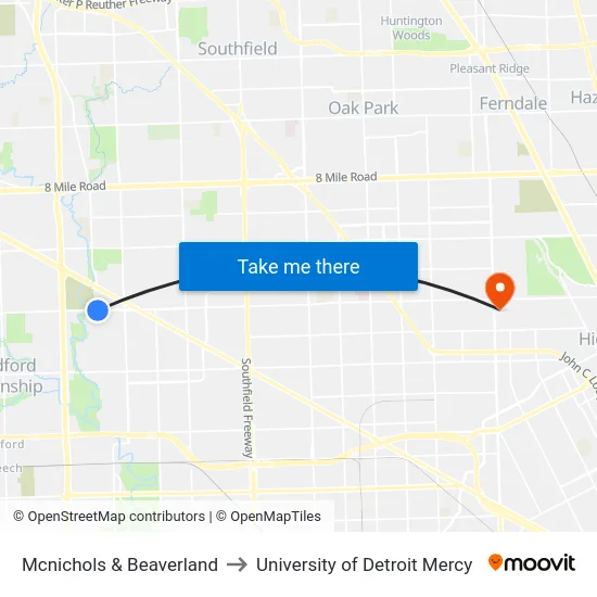 Mcnichols & Beaverland to University of Detroit Mercy map