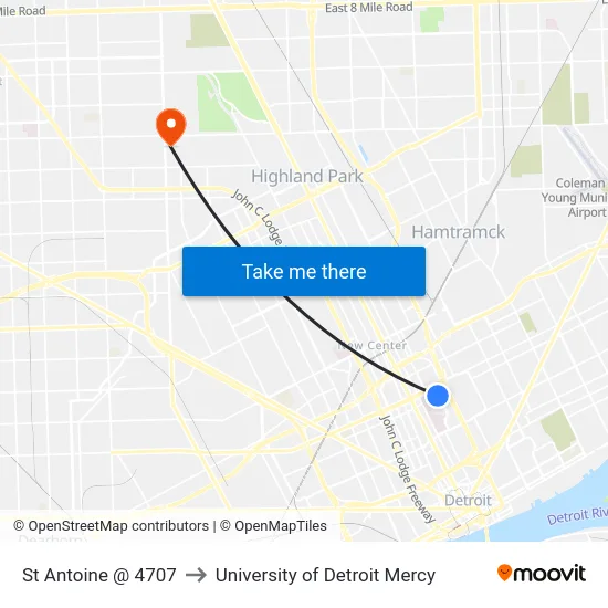 St Antoine @ 4707 to University of Detroit Mercy map