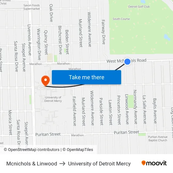 Mcnichols & Linwood to University of Detroit Mercy map