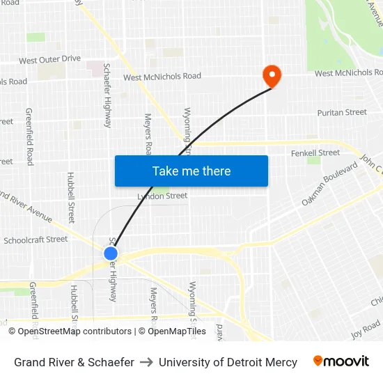 Grand River & Schaefer to University of Detroit Mercy map