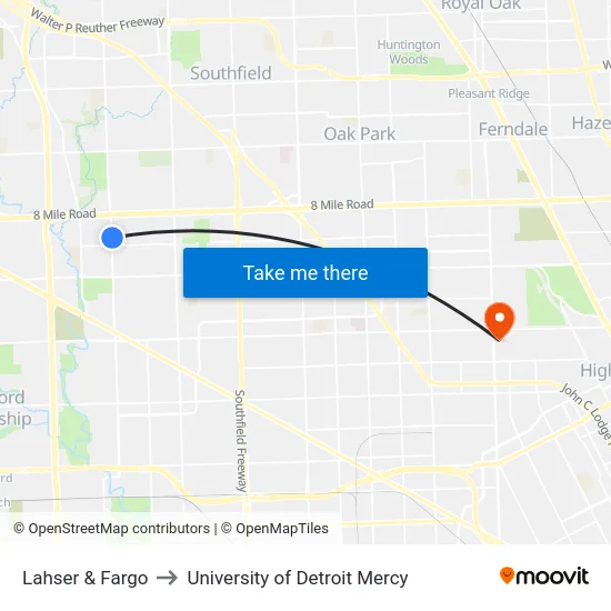 Lahser & Fargo to University of Detroit Mercy map
