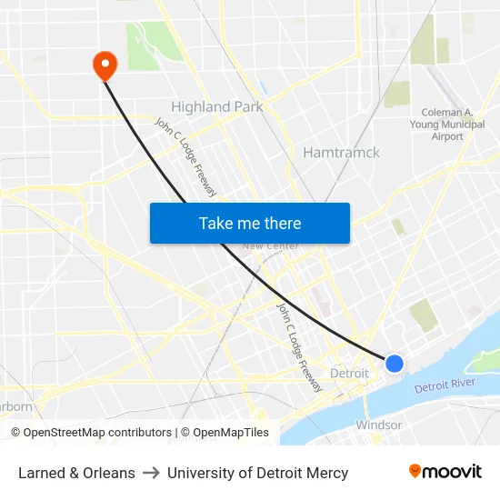 Larned & Orleans to University of Detroit Mercy map