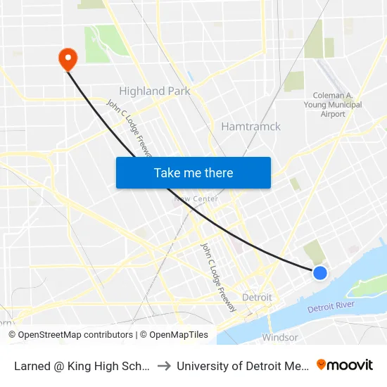 Larned @ King High School to University of Detroit Mercy map