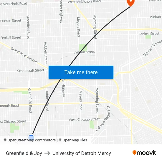 Greenfield & Joy to University of Detroit Mercy map