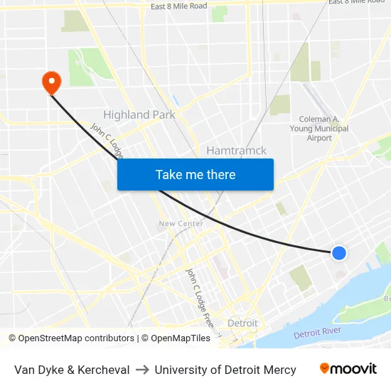 Van Dyke & Kercheval to University of Detroit Mercy map