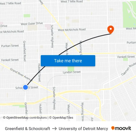 Greenfield & Schoolcraft to University of Detroit Mercy map