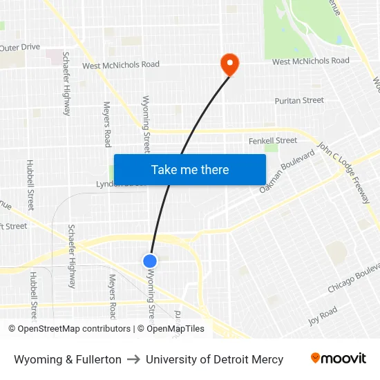 Wyoming & Fullerton to University of Detroit Mercy map