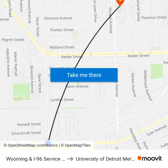 Wyoming & I-96 Service Dr to University of Detroit Mercy map