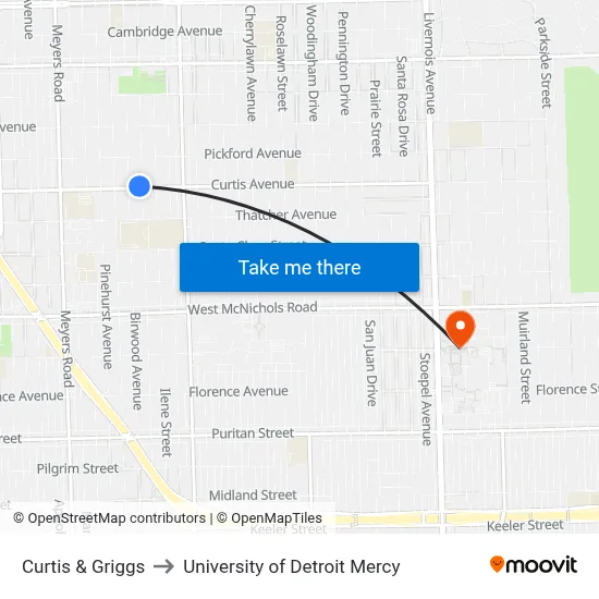 Curtis & Griggs to University of Detroit Mercy map