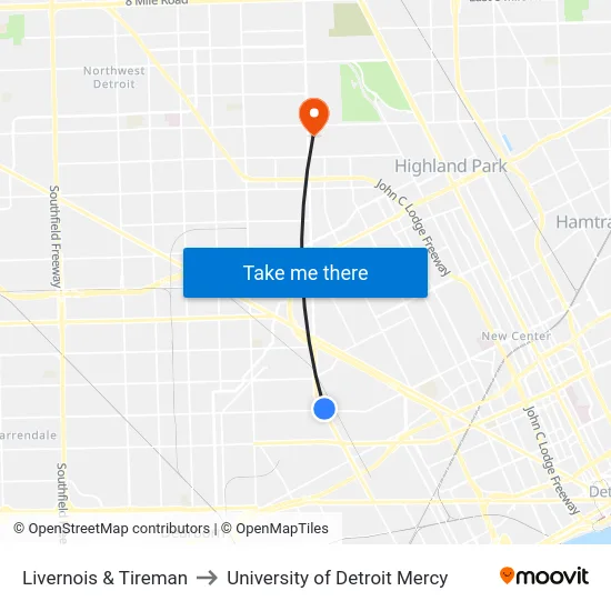 Livernois & Tireman to University of Detroit Mercy map