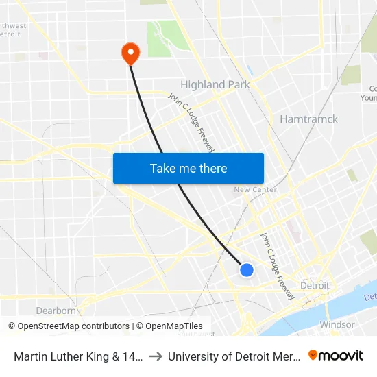 Martin Luther King & 14th to University of Detroit Mercy map