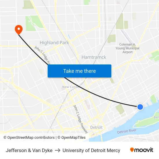 Jefferson & Van Dyke to University of Detroit Mercy map