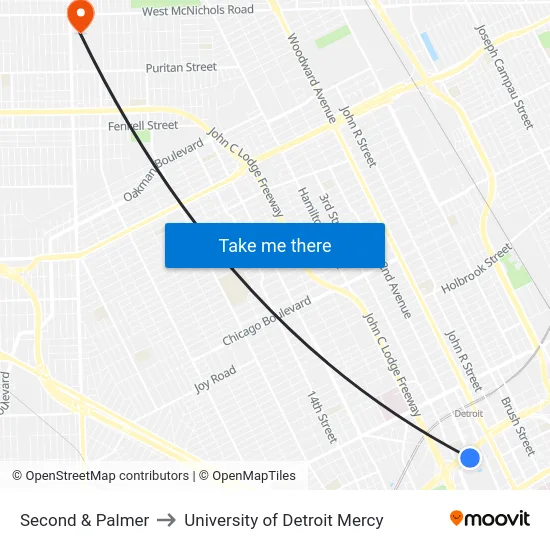 Second & Palmer to University of Detroit Mercy map