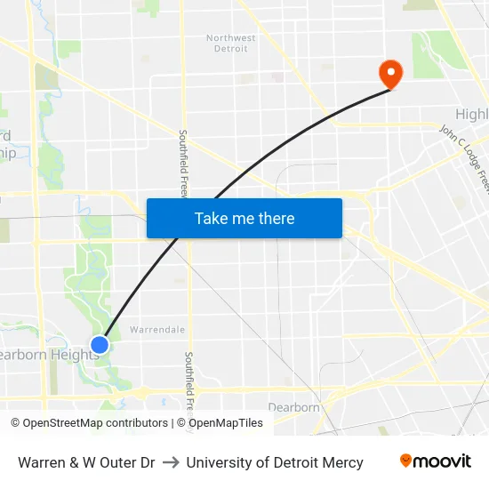 Warren & W Outer Dr to University of Detroit Mercy map