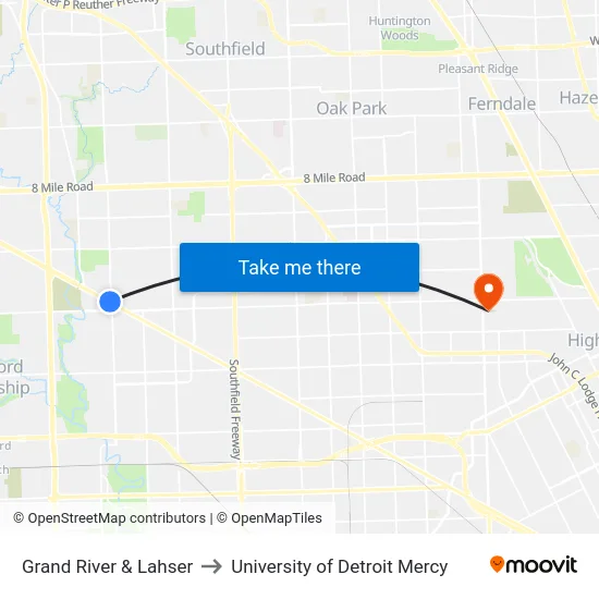 Grand River & Lahser to University of Detroit Mercy map