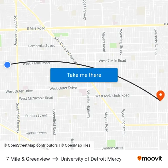 7 Mile & Greenview to University of Detroit Mercy map