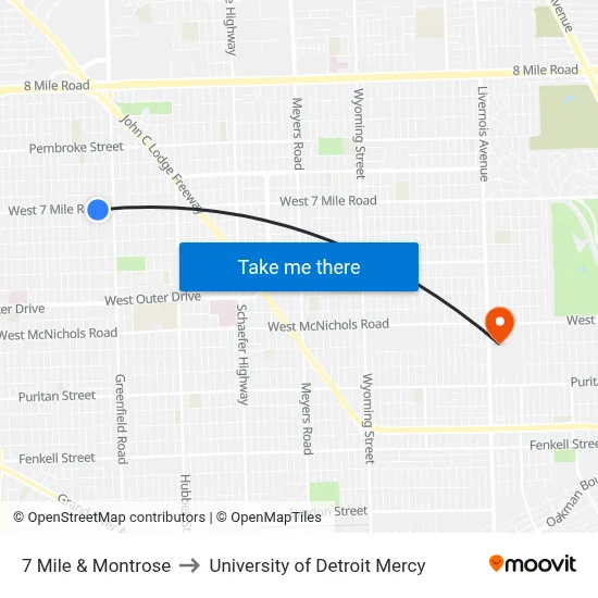 7 Mile & Montrose to University of Detroit Mercy map