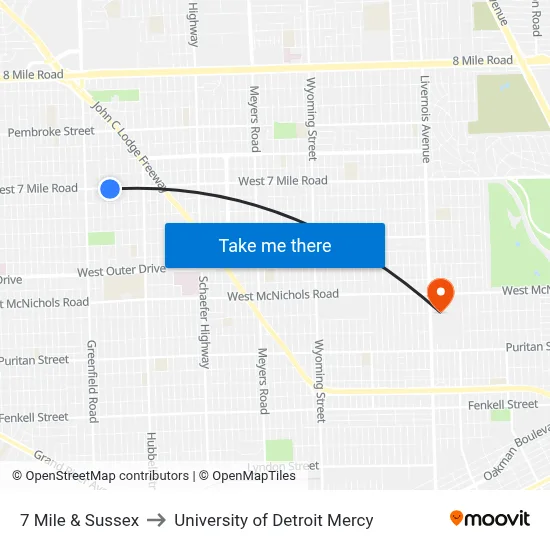 7 Mile & Sussex to University of Detroit Mercy map