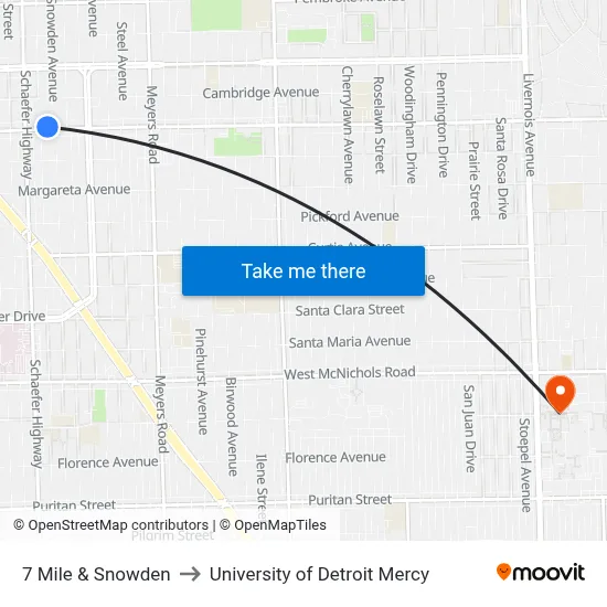 7 Mile & Snowden to University of Detroit Mercy map