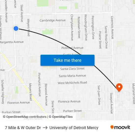 7 Mile & W Outer Dr to University of Detroit Mercy map