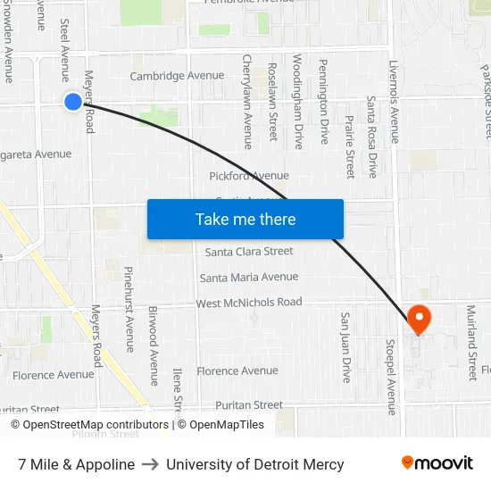 7 Mile & Appoline to University of Detroit Mercy map