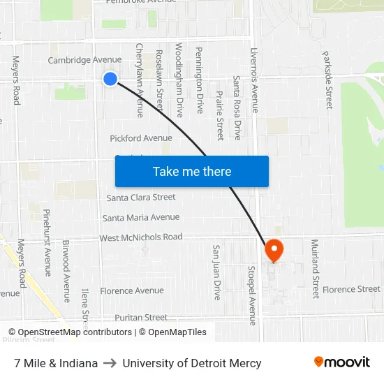 7 Mile & Indiana to University of Detroit Mercy map