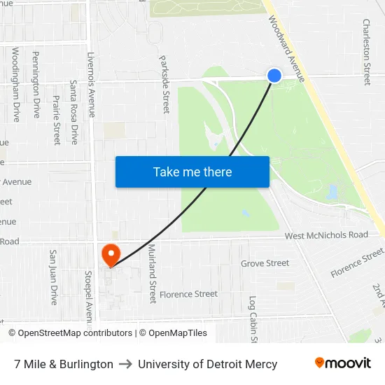 7 Mile & Burlington to University of Detroit Mercy map